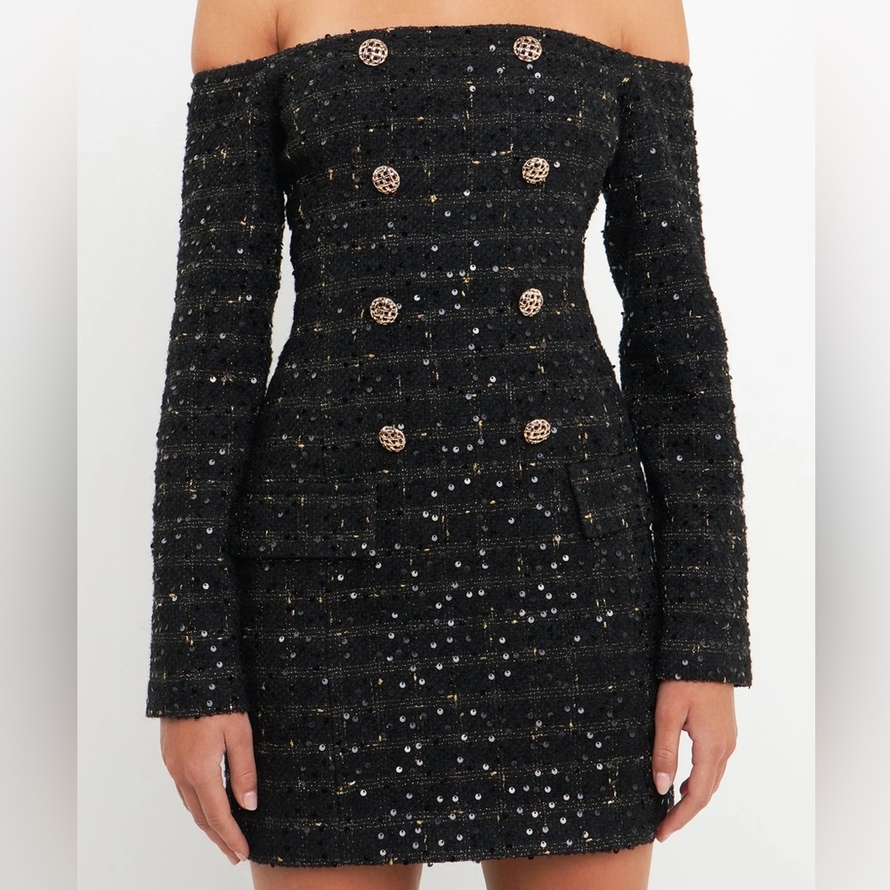 Endless Rose Black Long Sleeve Dress with Gold Accents